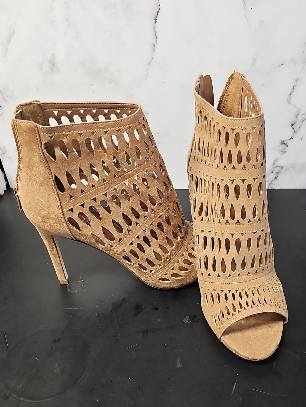 Aldo Tan Laser-Cut Suede Peep-Toe Stiletto Booties